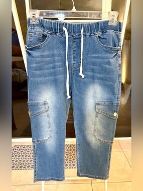 Cropped with stretch  Casual Drawstring Cargo Denim Pants - Blue